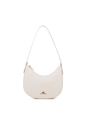 Bolso de piel blanca con forma redondeada y una sola correa. Presenta un cierre de cremallera en tono dorado y un detalle de logo en la parte inferior. Textura suave.