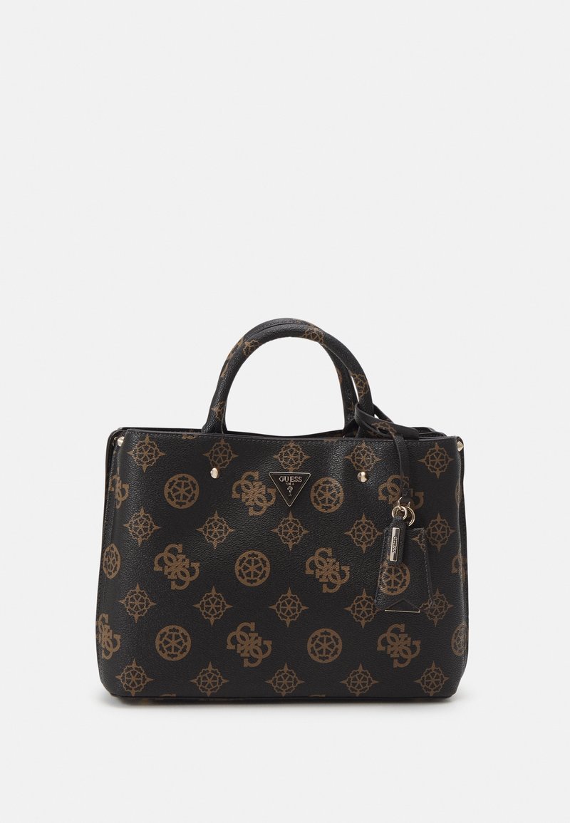 Black synthetic handbag with gold geometric pattern, dual handles, metal logo plate, and decorative keychain detail. Textured surface.