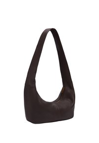 Borsa a spalla in pelle marrone scuro con ampia tracolla e cerniera laterale visibile su sfondo bianco puro.