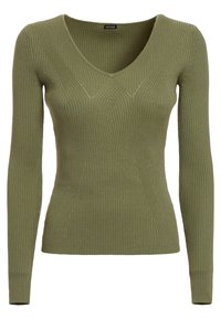Olive green long-sleeve top made of ribbed fabric, featuring a V-neckline and textured vertical patterns across the body.