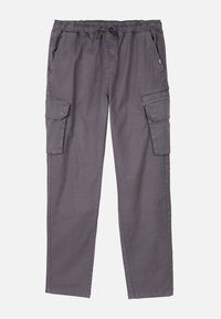 Pantalons cargo gris avec une taille élastique, un cordon de serrage, plusieurs poches latérales et une coupe d écontractée. Fabriqués en tissu durable avec une texture lisse.