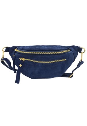 Sac banane en suède bleu marine avec deux compartiments zippés dorés, une sangle ajustable et une surface texturée. Comprend des accents en métal.