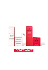 Shiseido Benefiance hudpleieprodukter: en hvit og rød eske for serum og to røde esker for nattkrem, med tydelige etiketter og merkevarelogo.