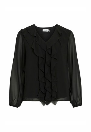 Zwarte blouse met een V-hals en lange doorzichtige mouwen. Gerimpelde details lopen langs de voorkant. Gemaakt van lichtgewicht, gladde stof.