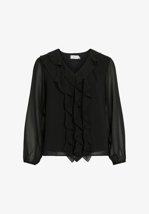 Mustapaita, jossa on V-aukko ja pitkät läpikuultavat hihat. Edessä on röyhelöyksityiskohtia. Valmistettu kevyestä, sileästä kankaasta.