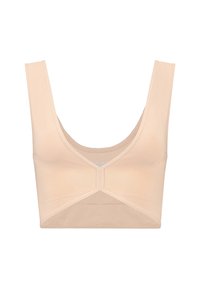 Bralette crop top beige realizzato in tessuto morbido e elasticizzato, dotato di un ampio elastico e scollatura a girocollo. Presenta cuciture minime per il massimo comfort.
