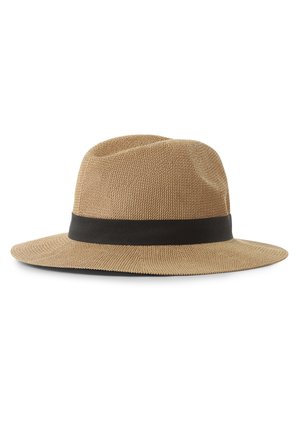 Light brown woven fedora hat with a black band around the base of the crown, wide brim, and creased top.