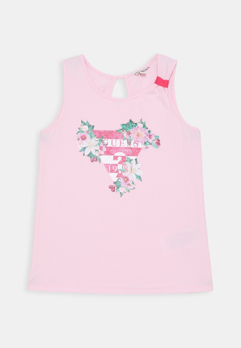 Haut rose sans manches avec logo floral Guess pailleté et détail d'encolure en forme de trou de serrure orné d'un petit nœud rouge sur l'épaule.