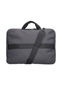 Grau rechteckige Laptop-Tasche mit schwarzem horizontalem Riemen, oberen Griffen und verstellbarem Schultergurt vor weißem Hintergrund.