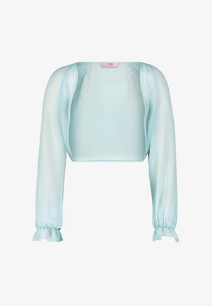 Himmelblaues, transparentes, cropped Jackett mit langen, puffigen Ärmeln. Besitzt elastische Bündchen und dezente Drapierungselemente. Weiche, glatte Textur.