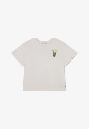 T-shirt beige clair à manches courtes avec col rond, comportant un petit motif d'une boisson glacée verte et le texte "Levi's" sur le côté supérieur gauche.