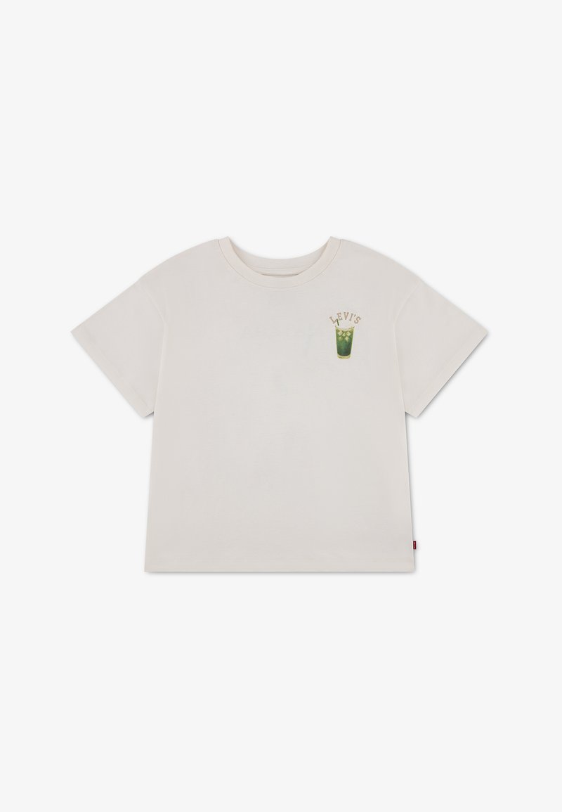 T-shirt beige clair à manches courtes avec col rond, comportant un petit motif d'une boisson glacée verte et le texte "Levi's" sur le côté supérieur gauche.