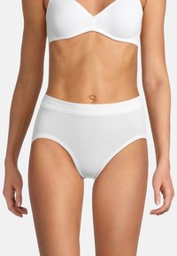 Vit bomullsunderklädesbyxa i hög midja med en slät elastisk midjeresår och en enkel design, utan synliga mönster eller detaljer.