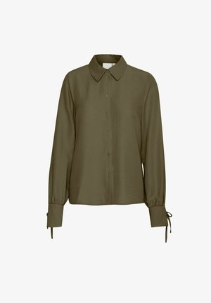 oliwkowa blouse z guzikami, z klasycznym kołnierzykiem i długimi rękawami. Posiada elastyczne mankiety z wiązaniem. Gładka tekstura.