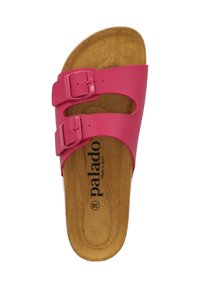 Sandalo a infradito fucsia con due fibbie regolabili, tomaia sintetica e soletta in sughero sagomata per il comfort. Contrassegnato con "palado Made in Spain."