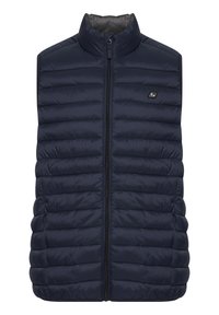 Dunkelblauer Steppwesten mit hohem Kragen, horizontal gestepptem Design, durchgehendem Reißverschluss und kleinem Logo auf der linken Brust.
