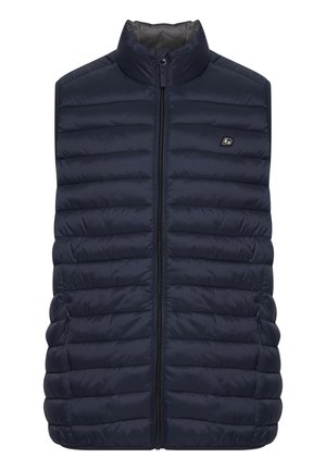 Dunkelblauer Steppwesten mit hohem Kragen, horizontal gestepptem Design, durchgehendem Reißverschluss und kleinem Logo auf der linken Brust.