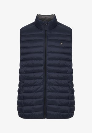 Navy blue puffer vest with a high collar, horizontal quilted design, full-length zipper, and a small logo on the left chest.