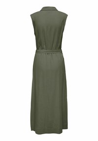 Robe maxi sans manches vert olive avec col et ceinture à la taille, vue de dos sur fond blanc.