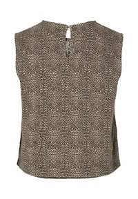 Haut beige sans manches avec de petites taches léopard noires sur l'ensemble et une fermeture par bouton avec une ouverture en trou de serrure au niveau de l'encolure arrière.