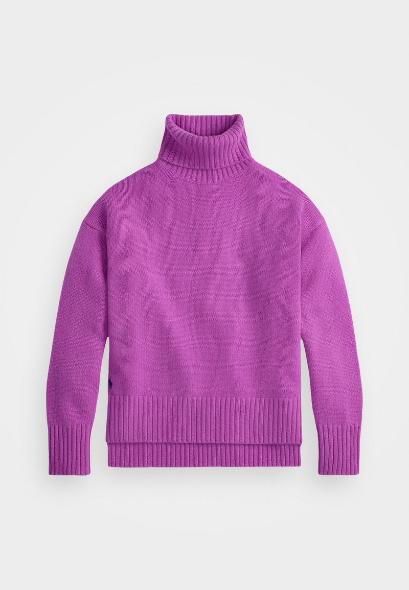 Lila Rollkragenpullover aus dicker Strickware. Verfügt über einen gerippten Kragen und Saum, lange Ärmel und einen lockeren Schnitt.
