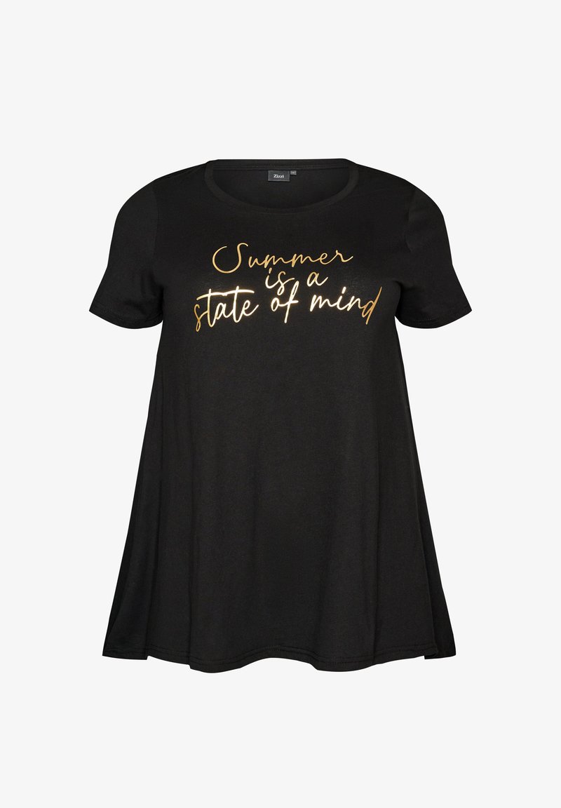 Μαύρο κοντομάνικο T-shirt με χρυσή γραπτή φράση «Το καλοκαίρι είναι μια κατάσταση του νου» στο μπροστινό μέρος, στρογγυλή λαιμόκοψη και άνετη εφαρμογή.