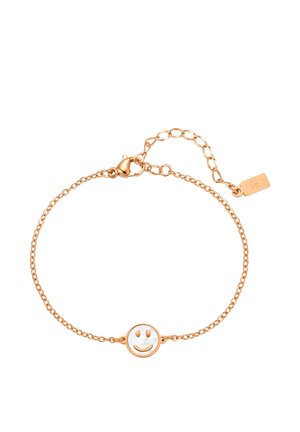 Goldkettchen-Armband mit verstellbarem Verschluss und zentralem Smiley-Anhänger in Weiß und Gold.