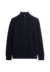 Maglione lavorato a maglia di colore blu scuro, con zip a un quarto, colletto alto e motivo in rilievo a trecce. Realizzato in un tessuto pesante e caldo.