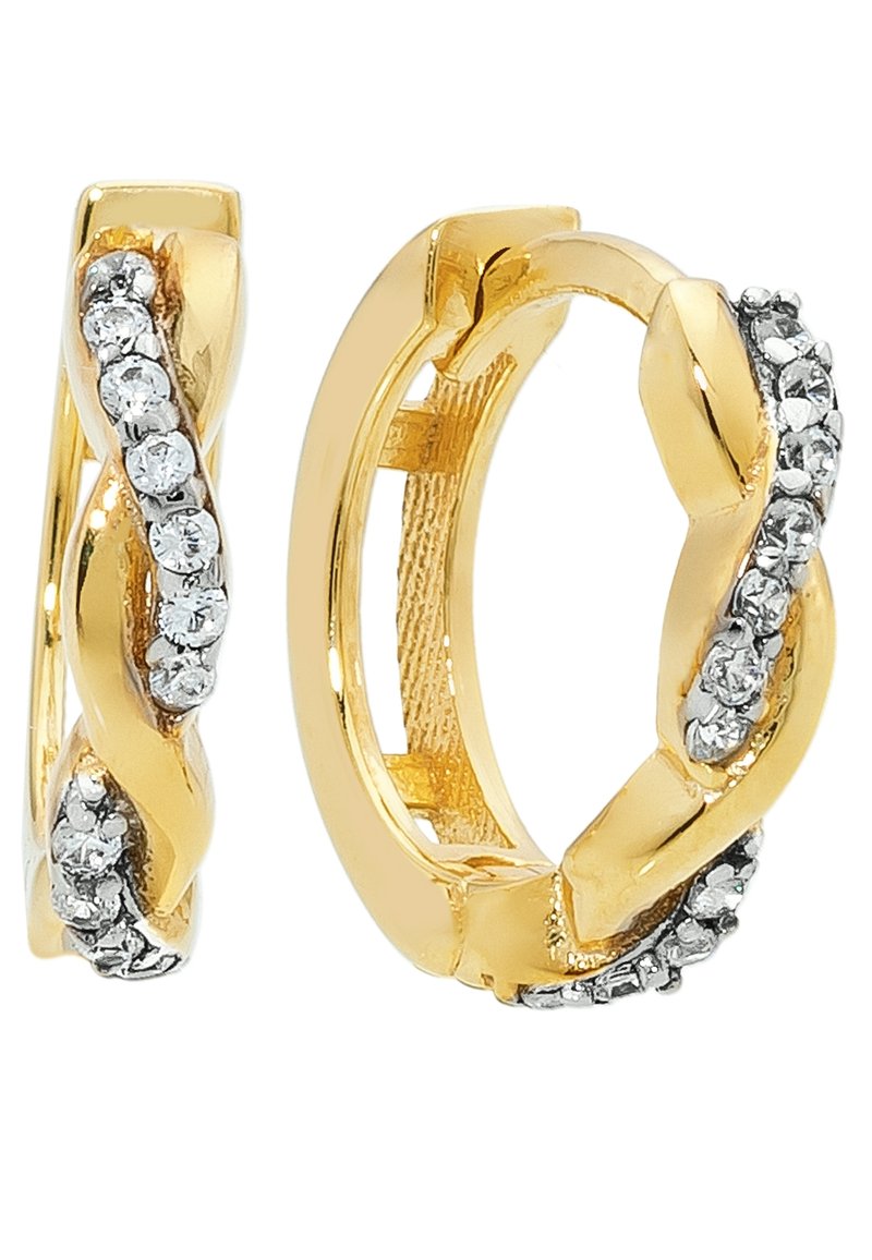 Gouden hoepel oorringen met een gedraaide ontwerp en heldere strass langs één kant, met een glanzend en glad oppervlak.