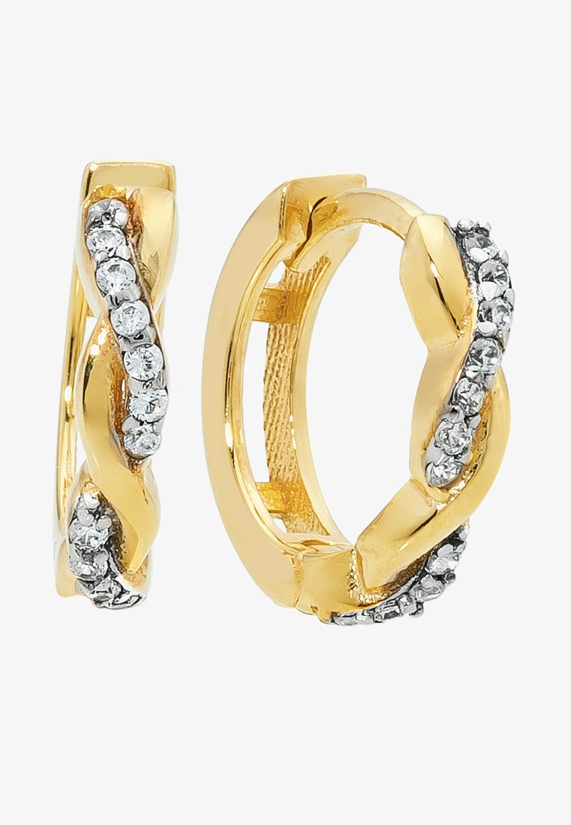 Gouden hoepel oorringen met een gedraaide ontwerp en heldere strass langs één kant, met een glanzend en glad oppervlak.