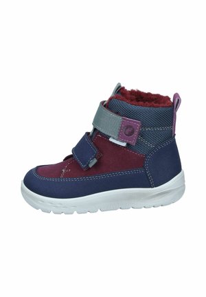 Child's navy blue and maroon winter boot with gray and purple Velcro straps and a white sole, featuring a plush red lining inside.