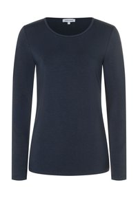 Donker marineblauw dameshemd met lange mouwen, ronde hals en slim fit.
