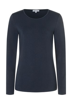 Donker marineblauw dameshemd met lange mouwen, ronde hals en slim fit.