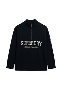 Granatowy sweter z dzianiny z półzamkiem, z prążkowanymi mankietami i napisem "SUPERDRY Athletic Essentials" z przodu.