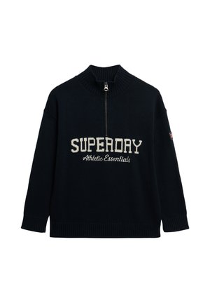 Navy blue knit sweater with half-zip collar, ribbed cuffs, and "SUPERDRY Athletic Essentials" text on front.