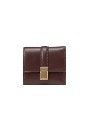 Brown leather wallet with a rectangular shape, featuring a gold clasp and horizontal stitching on the flap. Smooth texture, compact design.
