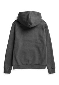 Grijze hoodie met een zachte textuur, geribbelde boorden en zoom. Voorzien van een kangoeroe-pocket en een ronde capuchon aan de bovenkant.
