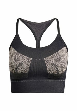 Black sports bra with a textured design featuring beige snake print accents on the cups. Racerback style with a wide underband.