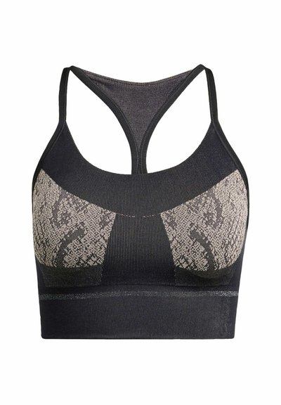 Black sports bra with a textured design featuring beige snake print accents on the cups. Racerback style with a wide underband.