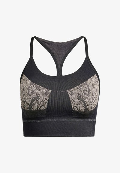 Sujetador deportivo negro con un diseño texturizado que presenta acentos de estampado de serpiente beige en las copas. Estilo de espalda de nadador con una banda inferior ancha.