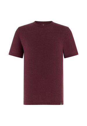 T-shirt semplice a maniche corte con scollo rotondo in colore bordeaux scuro uniforme, realizzata in tessuto morbido, con una piccola etichetta nera sull'orlo inferiore.