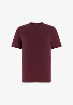 T-shirt semplice a maniche corte con scollo rotondo in colore bordeaux scuro uniforme, realizzata in tessuto morbido, con una piccola etichetta nera sull'orlo inferiore.