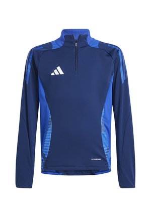 T-shirt de sport à manches longues bleu marine, en matériau texturé, col zippé à mi-hauteur, détail du logo blanc sur la poitrine, panneaux latéraux avec un motif géométrique bleu.