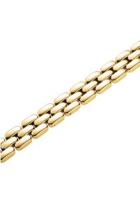 Złocony metalowy bransoletka z prostokątnymi ogniwami o gładkiej, wypolerowanej powierzchni i zaokrąglonych krawędziach, ułożona w elastyczny wzór łańcucha.