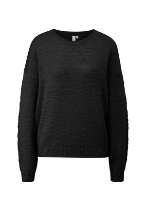 Maglione nero lavorato a maglia con vestibilità comoda, collo rotondo e maniche lunghe, leggermente voluminose. Tessuto testurizzato e polsini a coste.
