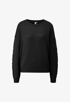 Zwarte gebreide trui met een relaxte pasvorm, ronde halslijn en lange, iets volumineuze mouwen. Textuurstof en geribde manchetten.