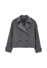 Graue Woll-Doppelreiherjacke mit Reverskragen, Schulterklappen und umgeschlagenen Ärmeln. Verfügt über zwei Fronttaschen und ein strukturiertes Design.