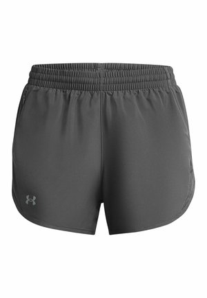 Pantalones cortos deportivos grises con una cinturilla elástica, que cuentan con paneles laterales de malla y un detalle de logotipo en la parte inferior de la pierna izquierda.