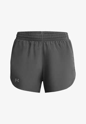 Gray athletic shorts with an elastic waistband, featuring mesh side panels and a logo detail on the lower left leg.