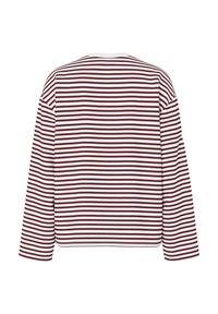 Lange mouwen shirt van zacht materiaal met bordeauxrode en witte horizontale strepen, ronde halslijn en een relaxte pasvorm.